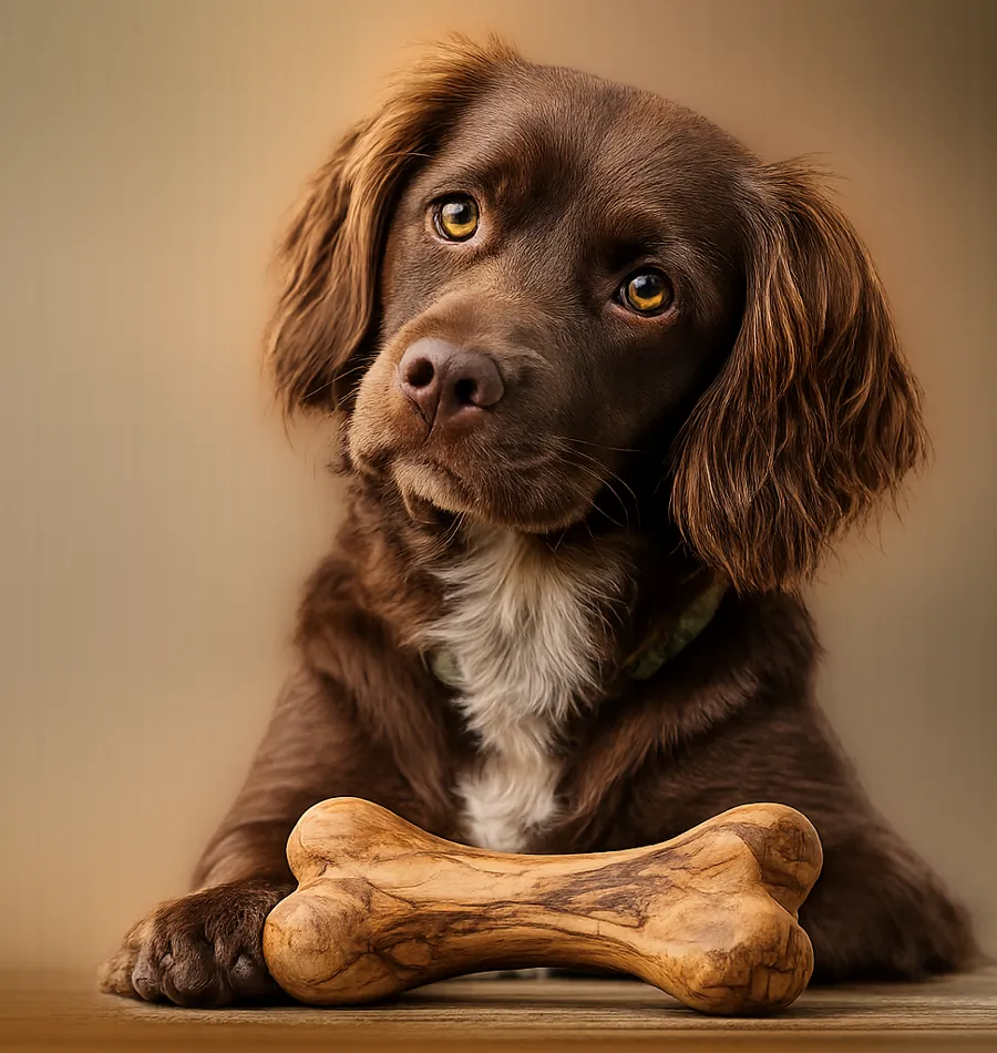Chiot épagneul brun, tête penchée, à côté d’un os à mâcher en bois d’olivier naturel