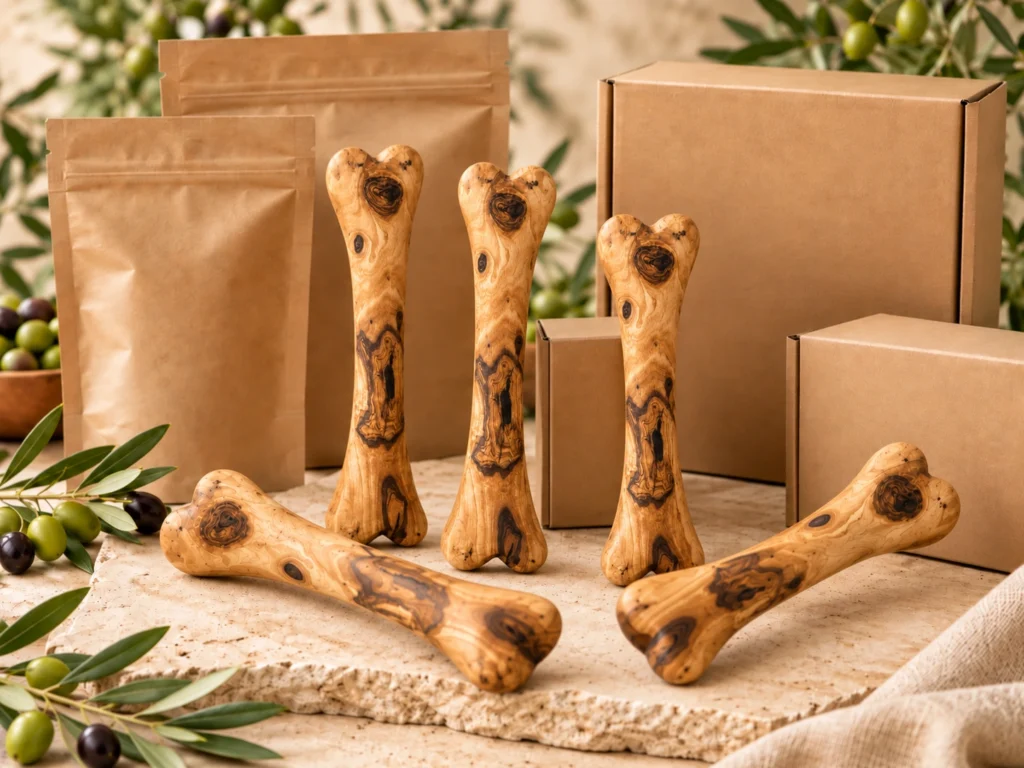 Bâtons et os à mâcher en bois d'olivier présentés avec pochettes kraft et boîtes cadeau, prêts pour la vente