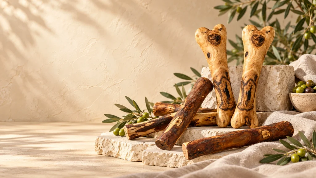 Os et bâtons à mâcher en bois d'olivier finis à la main, mis en scène sur pierre naturelle avec des branches d'olivier