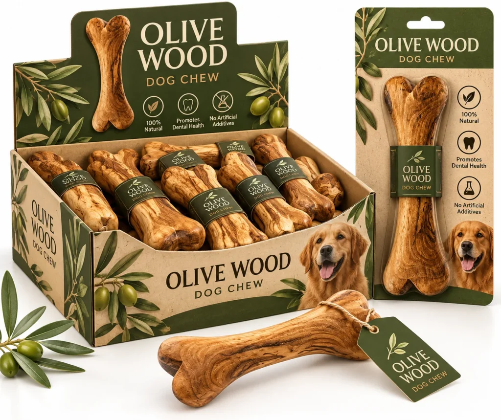 Bâton à mâcher en bois d'olivier sous blister de marque, à côté d'un présentoir de vente